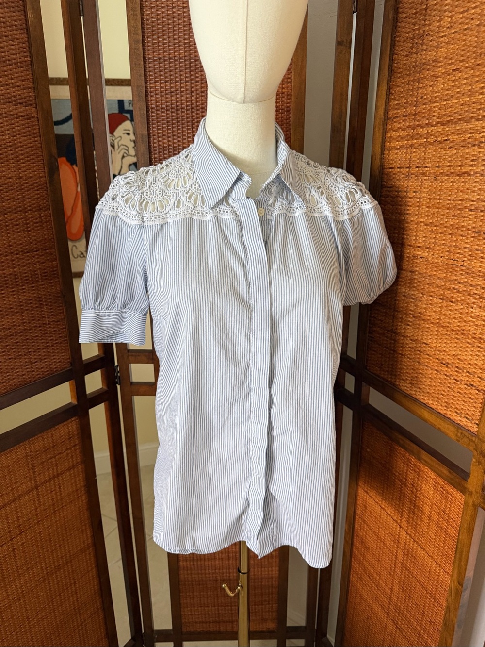 Lauren Ralph Lauren pinstripe blouse lace yolk medium cotton